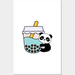 Adorable Panda Baby Bubble Tea Hug Kawaii Blue Posters and Art